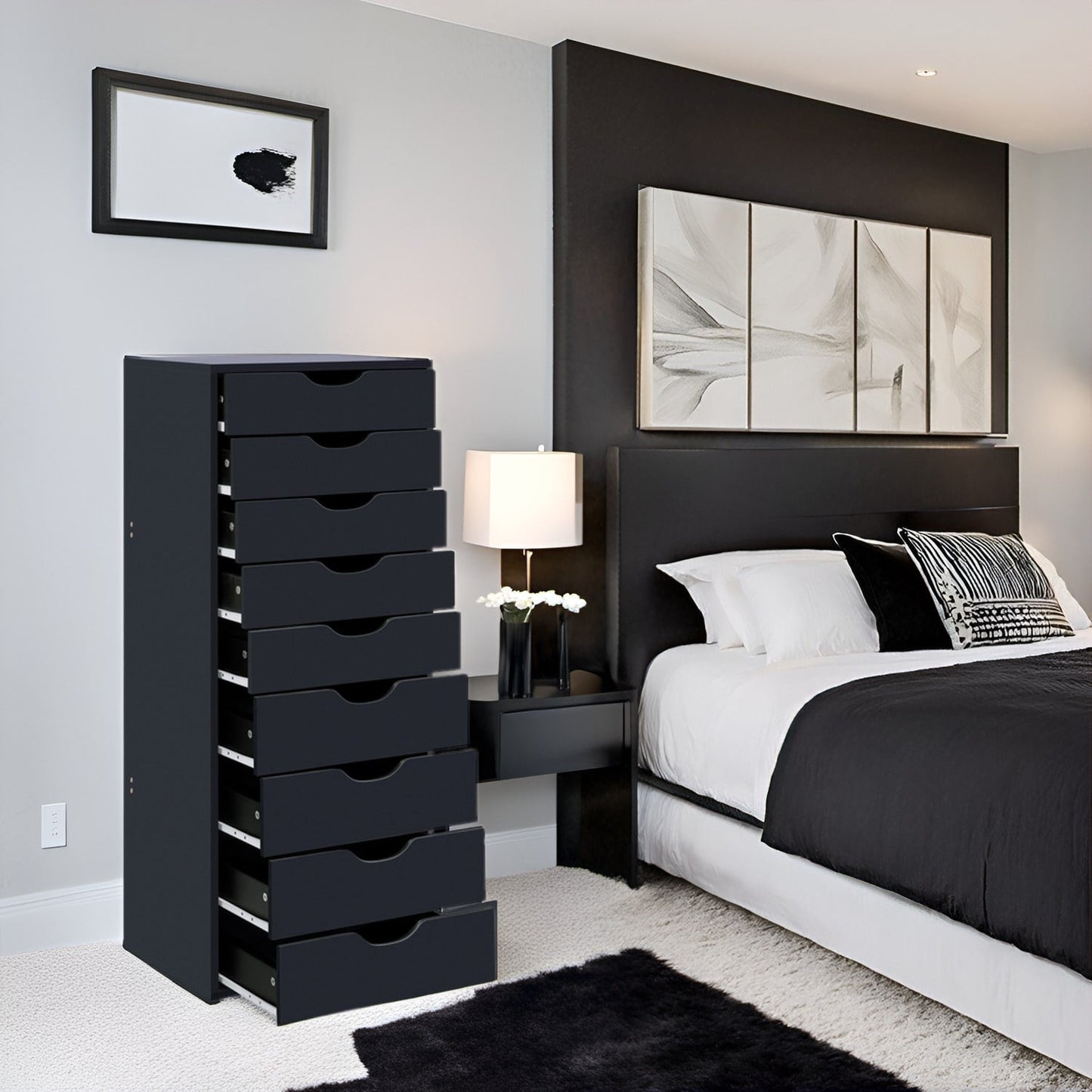 Narrow Wooden 9-Drawer Cabinet with Smooth-Glide Drawers and Top Storage Shelf