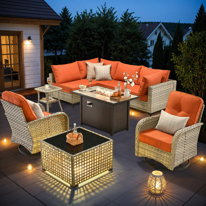 OVIOS 9 Pieces Outdoor Wicker Swivel Chair Set With Fire Table