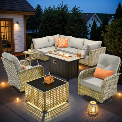 OVIOS 9 Pieces Outdoor Wicker Swivel Chair Set With Fire Table