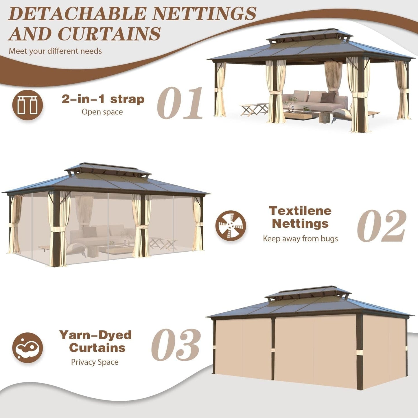 EROMMY Hardtop Gazebo,Outdoor Pergola with Double Roof & Netting & Curtains,Heavy Duty Canopy for Patio, Backyard, Pool party