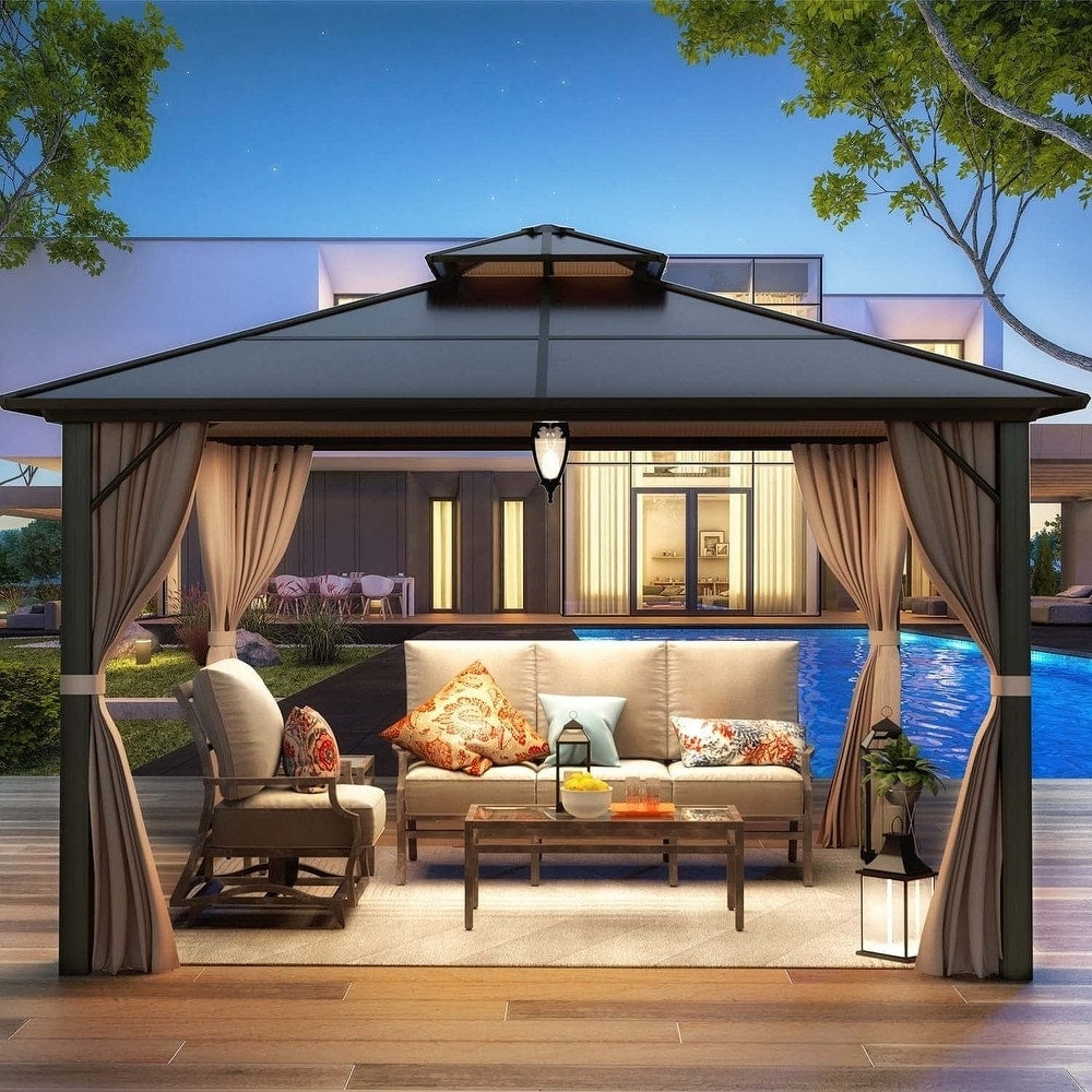 Hardtop Gazebo for Backyard – Permanent Pergola with Netting, Curtains & Double Roof, All-Weather Outdoor Shelter