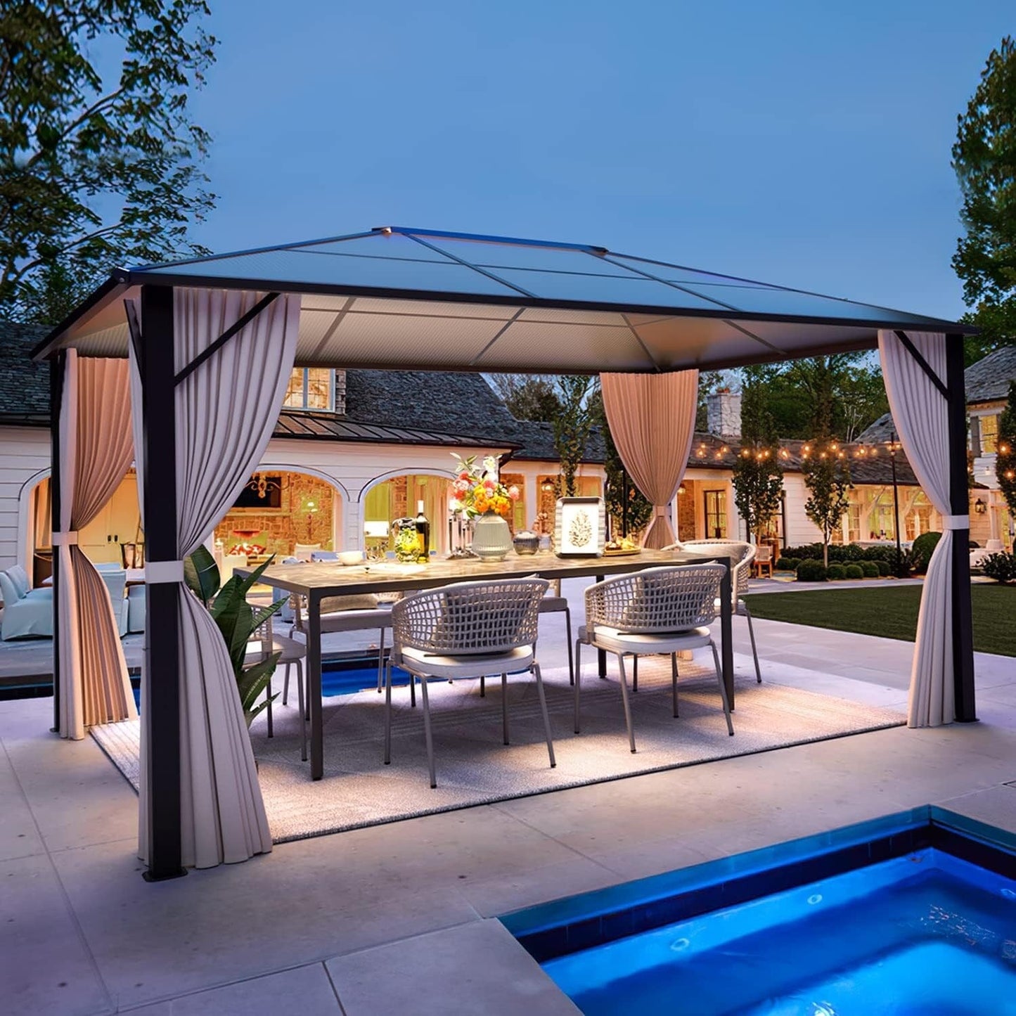 Hardtop Gazebo for Backyard – Permanent Pergola with Netting, Curtains & Double Roof, All-Weather Outdoor Shelter