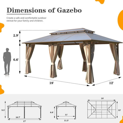Hardtop Gazebo for Backyard – Permanent Pergola with Netting, Curtains & Double Roof, All-Weather Outdoor Shelter