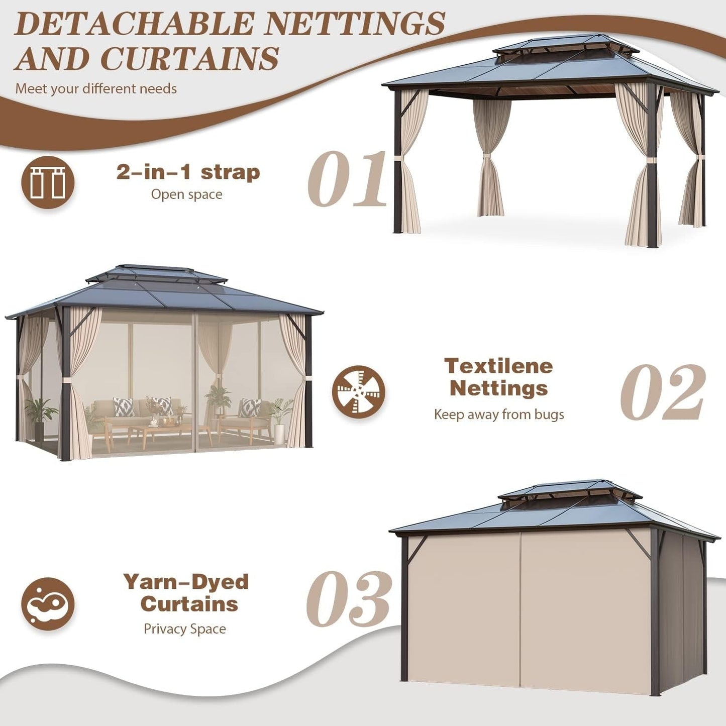 Hardtop Gazebo for Backyard – Permanent Pergola with Netting, Curtains & Double Roof, All-Weather Outdoor Shelter