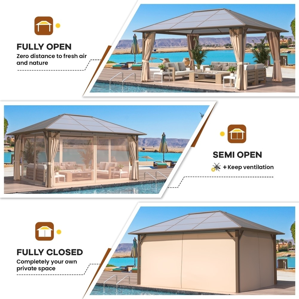 Hardtop Gazebo for Backyard – Permanent Pergola with Netting, Curtains & Double Roof, All-Weather Outdoor Shelter