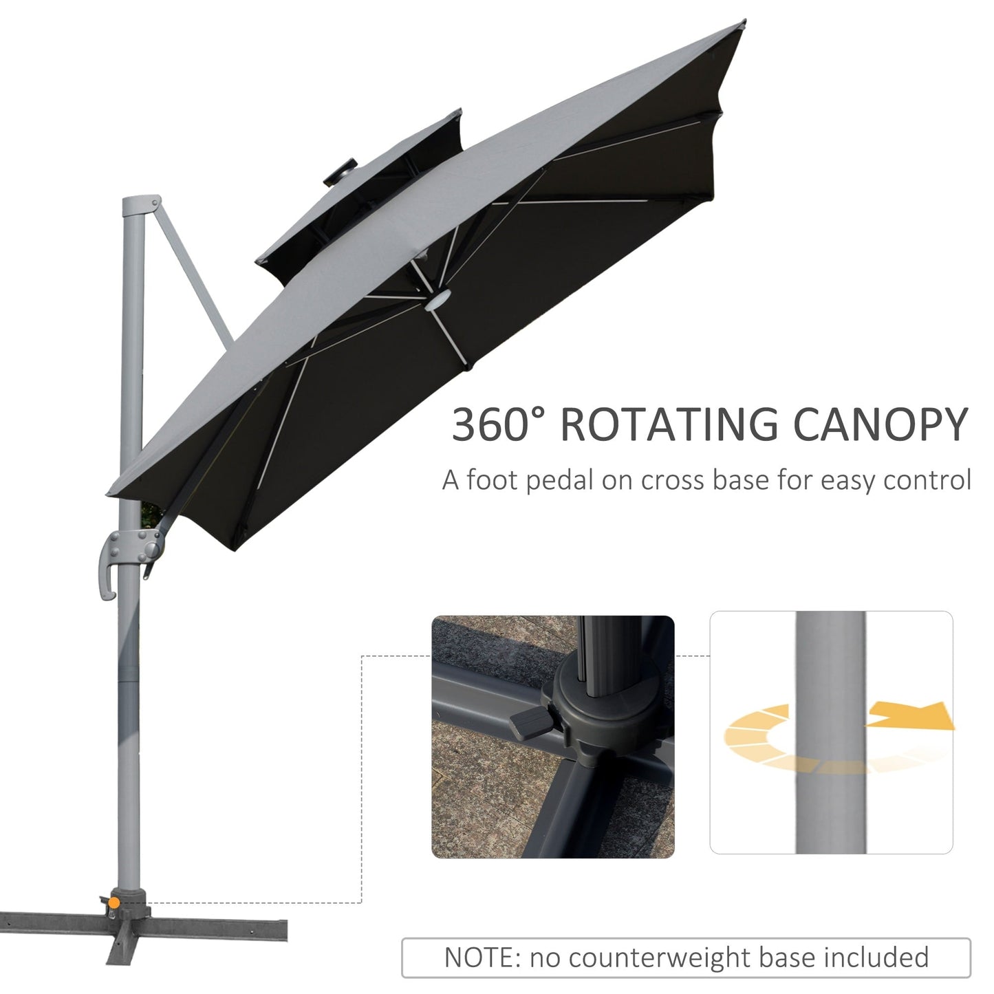 Outsunny 10ft Solar LED Patio Umbrella, Offset Hanging Umbrella with 360° Rotation, Cross Base, 8 Ribs, Tilt and Crank
