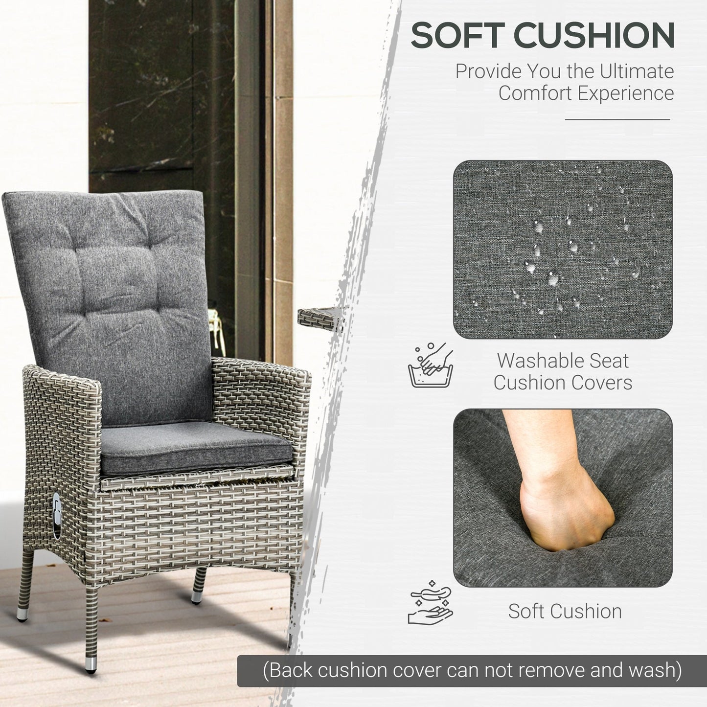 Outsunny 3 Pieces Patio PE Rattan Sofa Set, Outdoor Recliner Chairs Wood Grain plastic Top Coffee Table