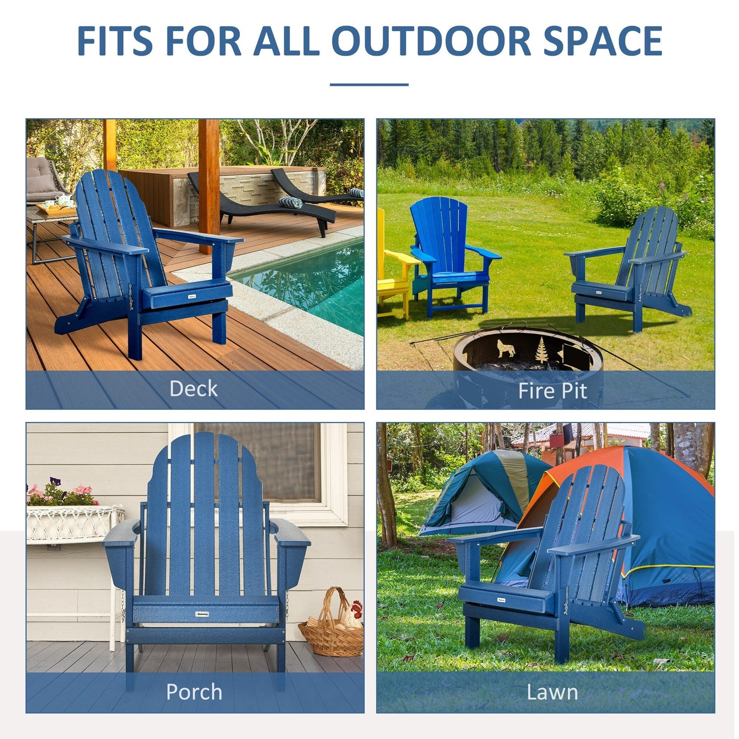 Outsunny Folding Adirondack Chair, HDPE Outdoor All Weather Plastic Lounge Beach Chairs for Patio Deck and Lawn Furniture
