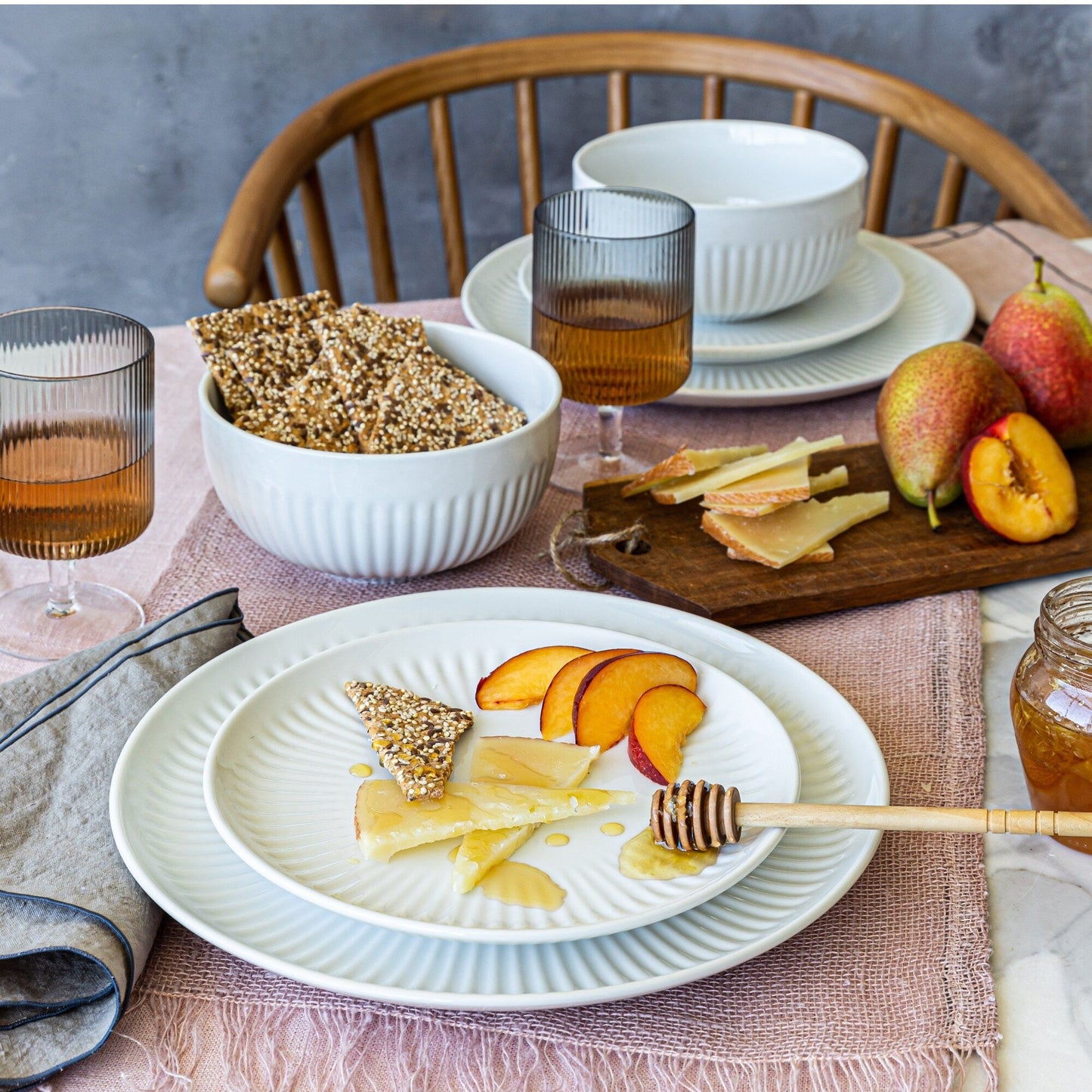 Over and Back White Porcelain 24pc Fluted Dinnerware Set