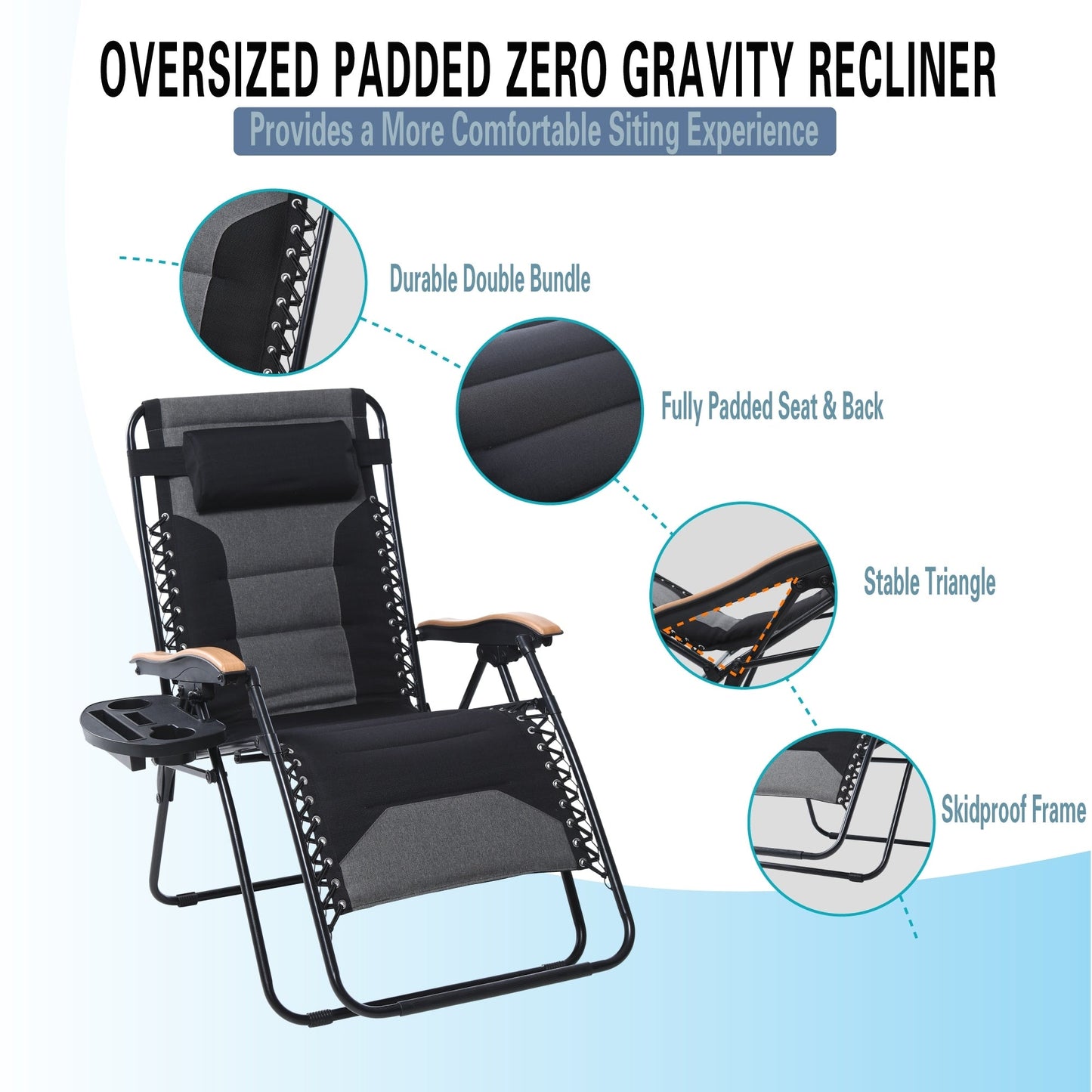 Oversize XL Padded Zero Gravity Lounge Chair Wider Armrest Adjustable Recliner with Cup Holder - N/A