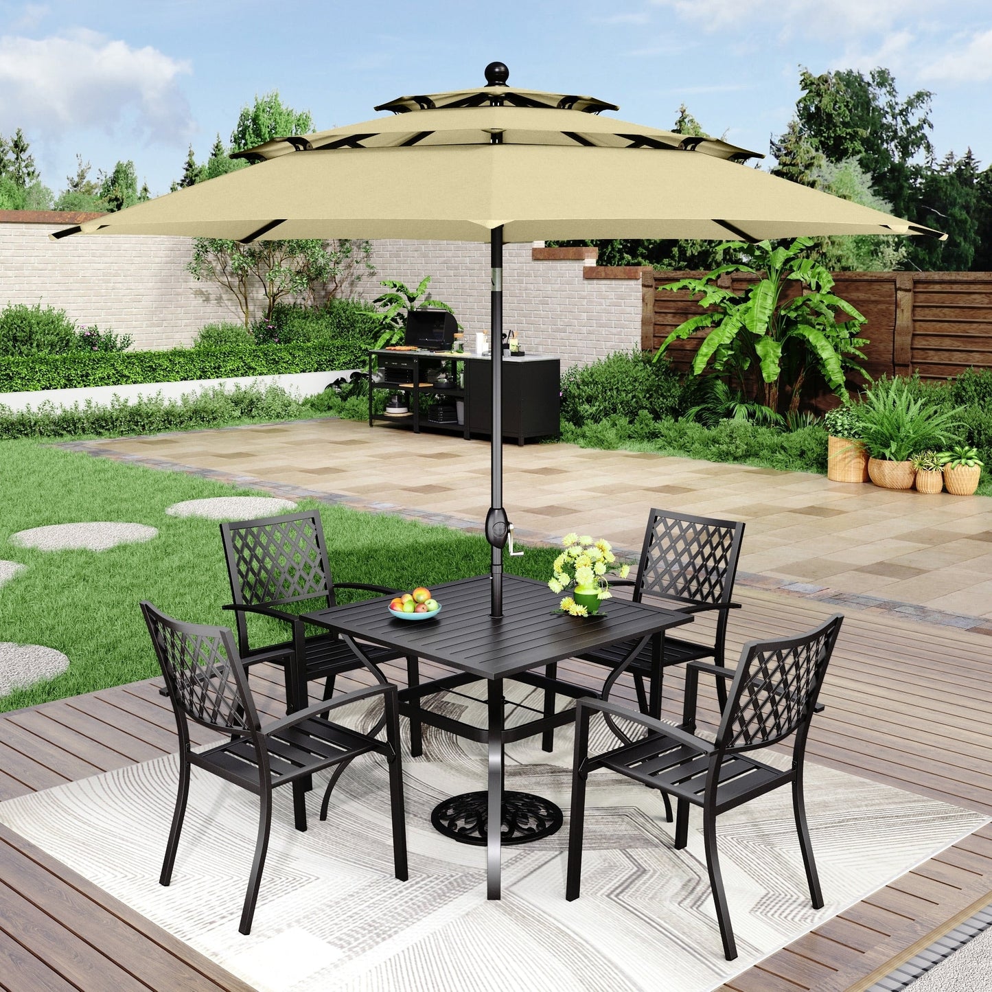 MAISON ARTS 6-Piece Patio Dining Set with 10ft 3 Tier Auto-tilt Umbrella: 4 Metal Outdoor Chairs 1 Metal Square Dining Table