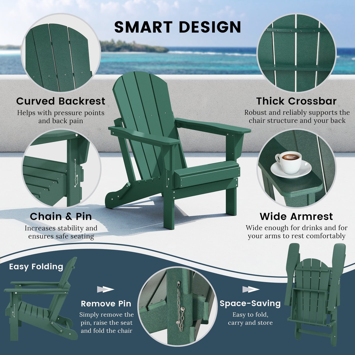 Polytrends Laguna Fade Resistant All Weather Outdoor Patio Folding Adirondack Chair