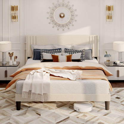 Queen/ Full Vertical Channels Upholstered Bed with Wingback Headboard