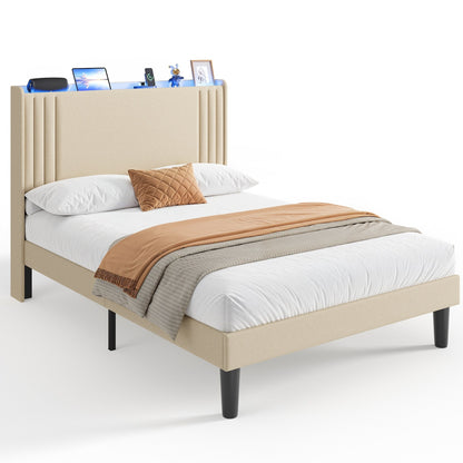 Queen/ Full Vertical Channels Upholstered Bed with Wingback Headboard