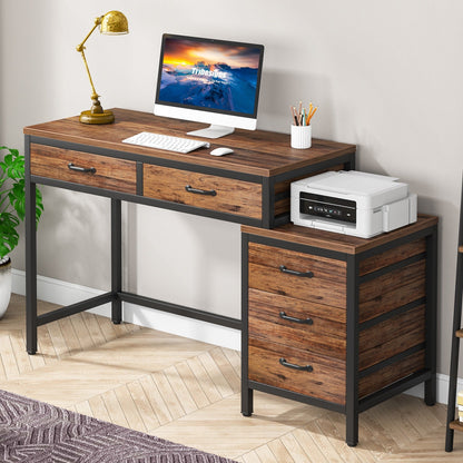 Reversible Computer Desk with 5 Drawers, Home Office Desk with File Cabinet Drawer Printer Stand
