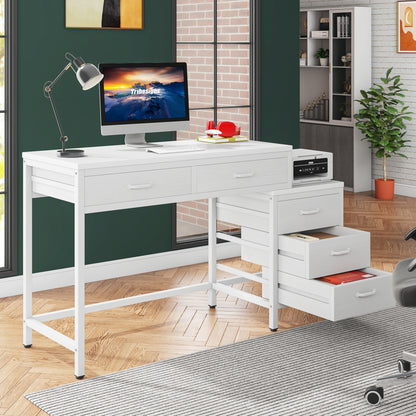 Reversible Computer Desk with 5 Drawers, Home Office Desk with File Cabinet Drawer Printer Stand