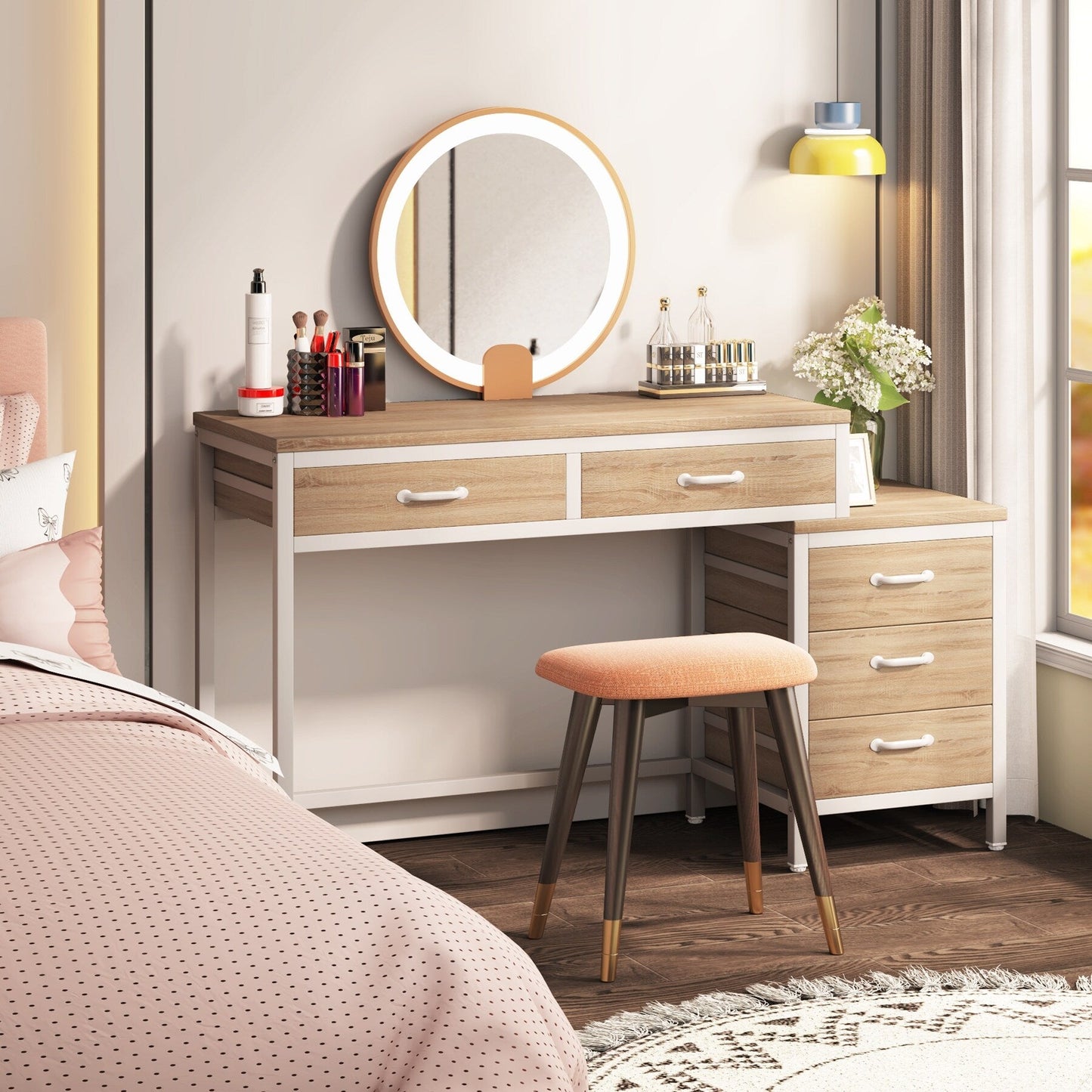 Reversible Computer Desk with 5 Drawers, Home Office Desk with File Cabinet Drawer Printer Stand