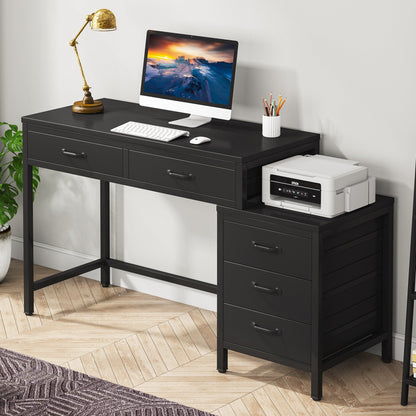 Reversible Computer Desk with 5 Drawers, Home Office Desk with File Cabinet Drawer Printer Stand
