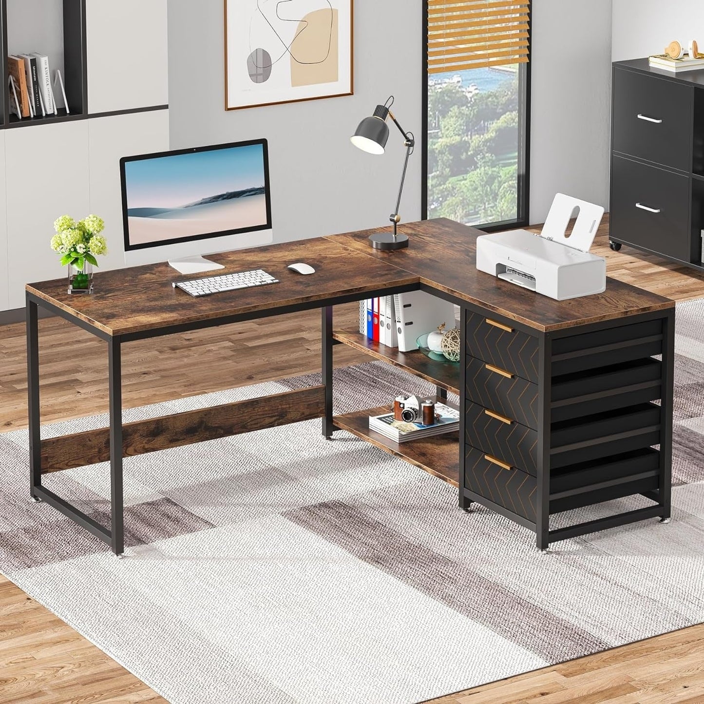 Reversible L-Shaped Office Desk Computer Desk Sturdy Writing Table Workstation