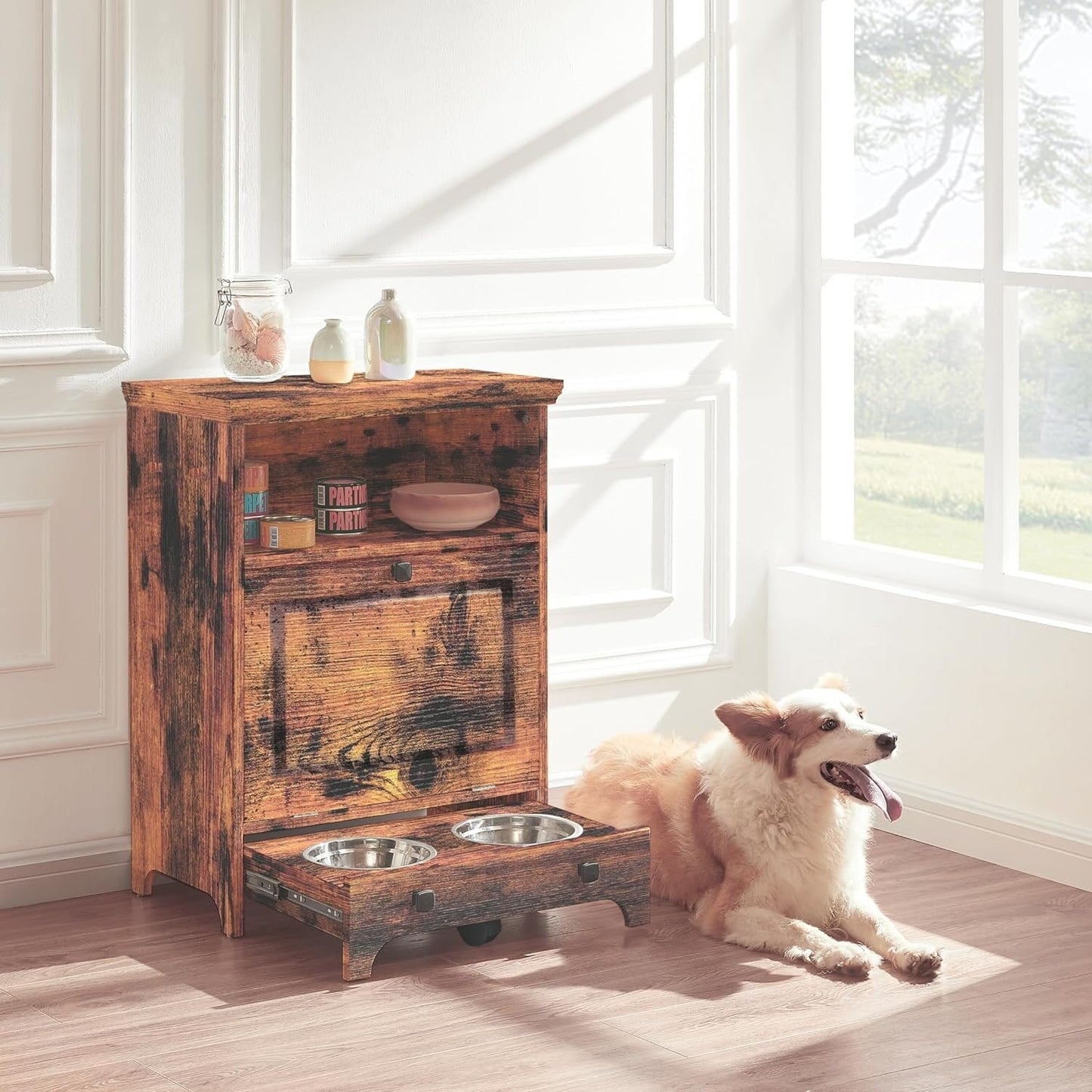 Roomfitters Dog Feeding Station with 2 Elevated Dog Bowls, Tilt Out Pet Feeding Cabinet Station