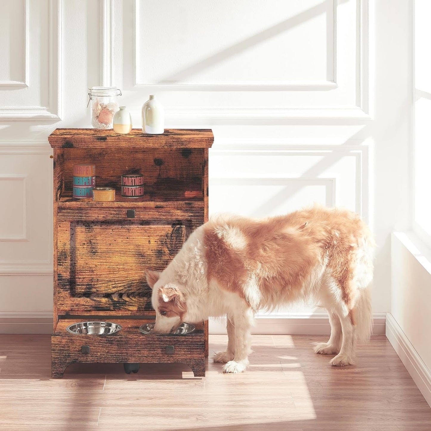 Roomfitters Dog Feeding Station with 2 Elevated Dog Bowls, Tilt Out Pet Feeding Cabinet Station
