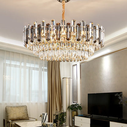 Round Layer Shining Crystal Ceiling Chandelier Lamp with 3 Color Lighting Pendant Light Fixture