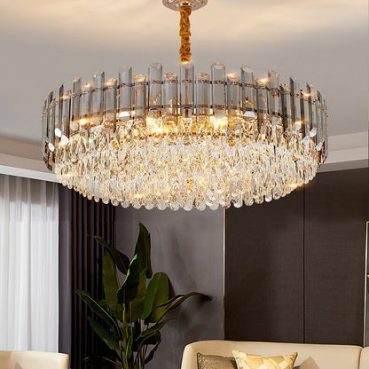 Round Layer Shining Crystal Ceiling Chandelier Lamp with 3 Color Lighting Pendant Light Fixture