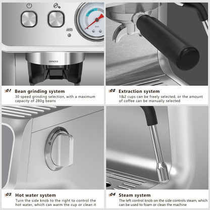 Semi-automatic Coffee Machine with Intelligent Temperature Control and Hot Water Function, 30 Grinding Settings