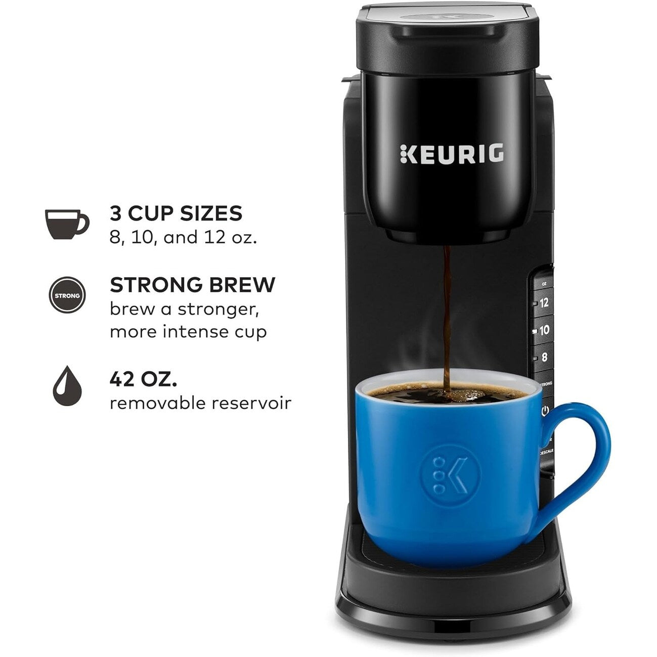 Single Serve K-Cup Coffee Maker, 3 Brew Sizes, Strong Brew, 42oz Reservoir, Black