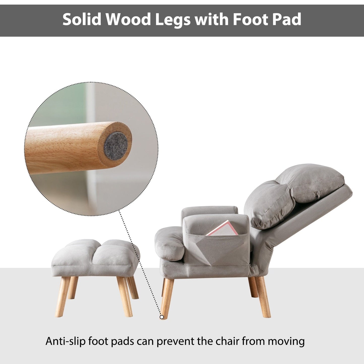 Soft Fabric Casual Living Room Armchair With Adjustable Backrest And Legs Stool