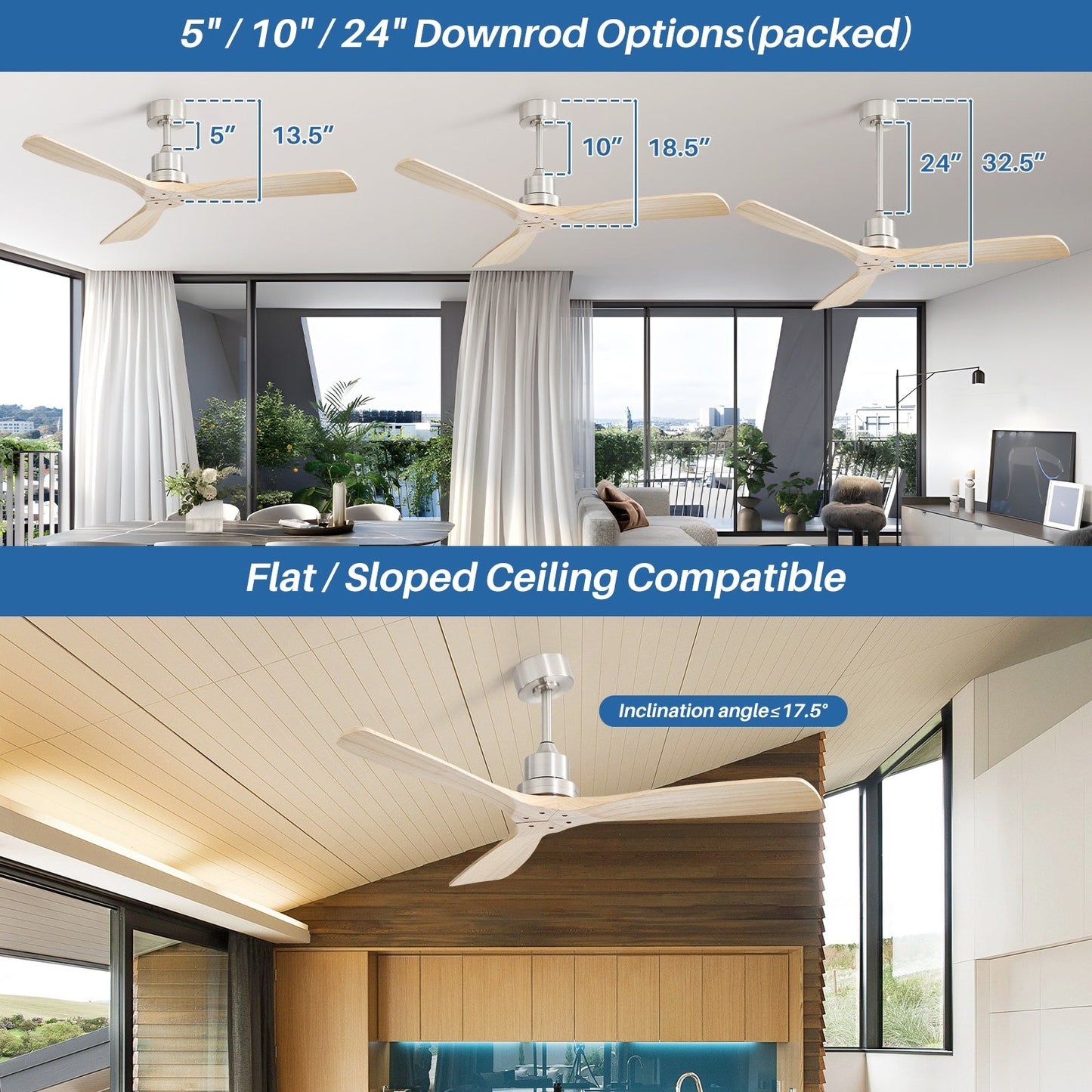 Sofucor 52 Indoor Wood Ceiling Fan Light with Remote, Integrated Light Optional