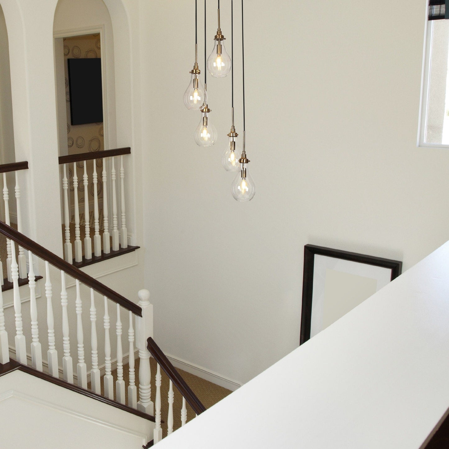 Synia Modern 5-Light Cluster Teardrop Glass Chandelier Stair Entryway Pendant Light for High Ceiling - D15'' x H18.2-74.2''