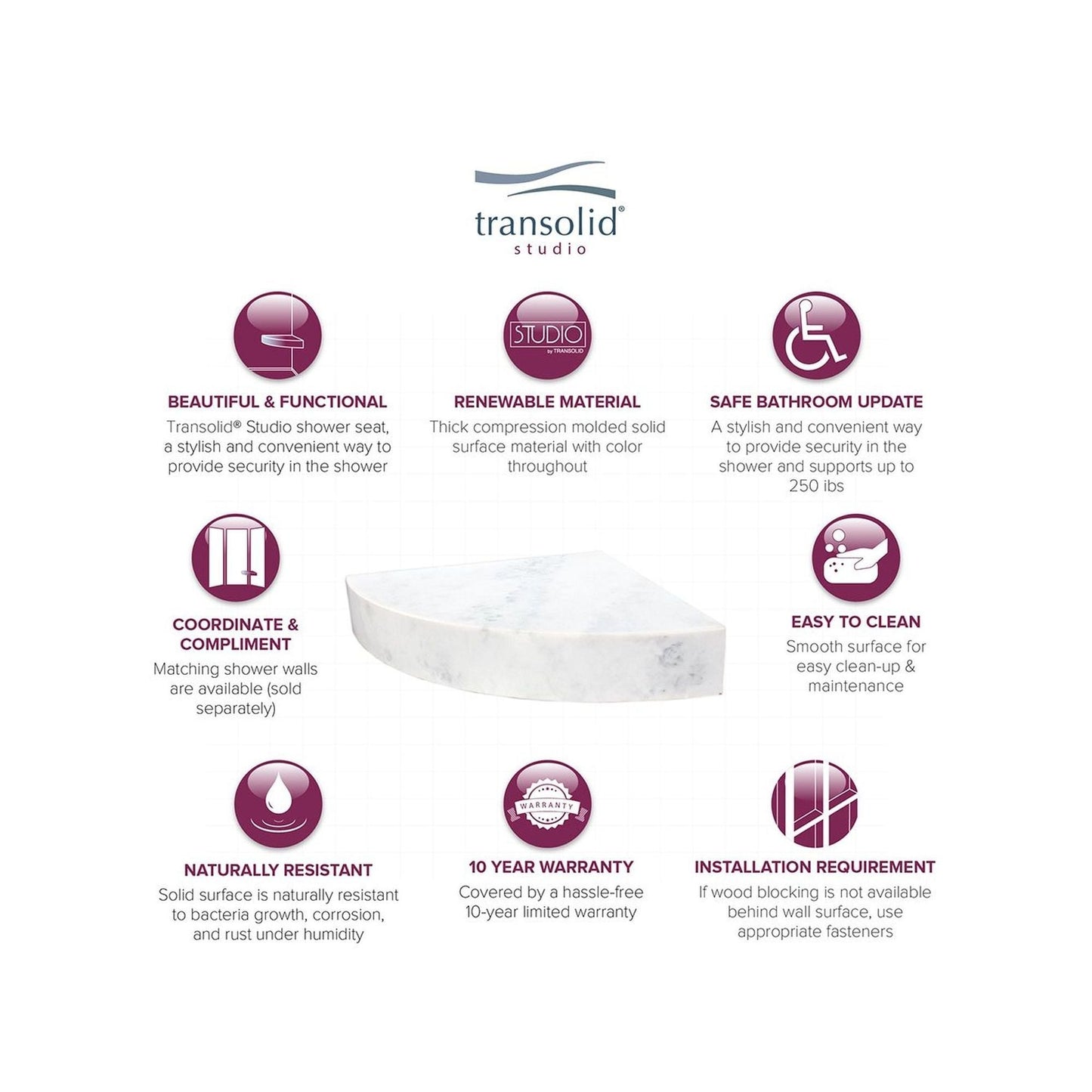 Transolid Studio 14-In X 14-In Solid Surface Wall-Mount Corner Shower Seat - 14.5 x 14.25 x 3