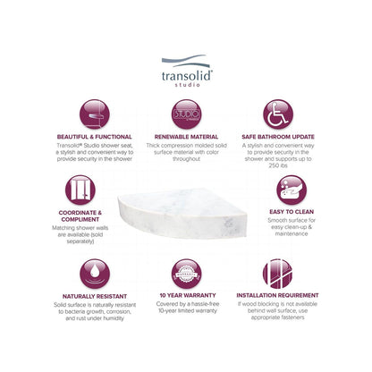 Transolid Studio 14-In X 14-In Solid Surface Wall-Mount Corner Shower Seat - 14.5 x 14.25 x 3