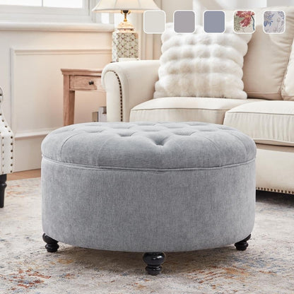 Tufted Large Round Storage Ottoman Footrest Beige/ Grey/ Blue