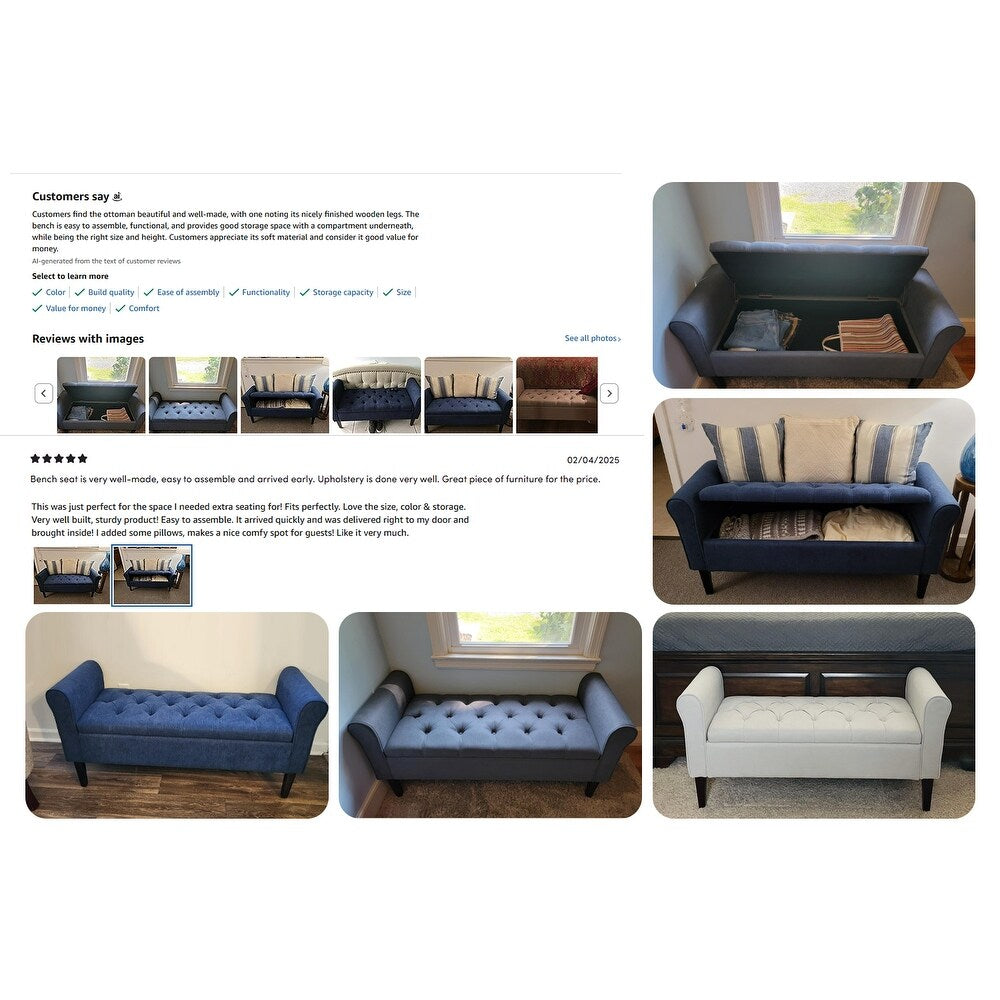 Upholstered Storage Bench Arm Bench Entryway Bench with Tufted Flip Top 50.4 Inches