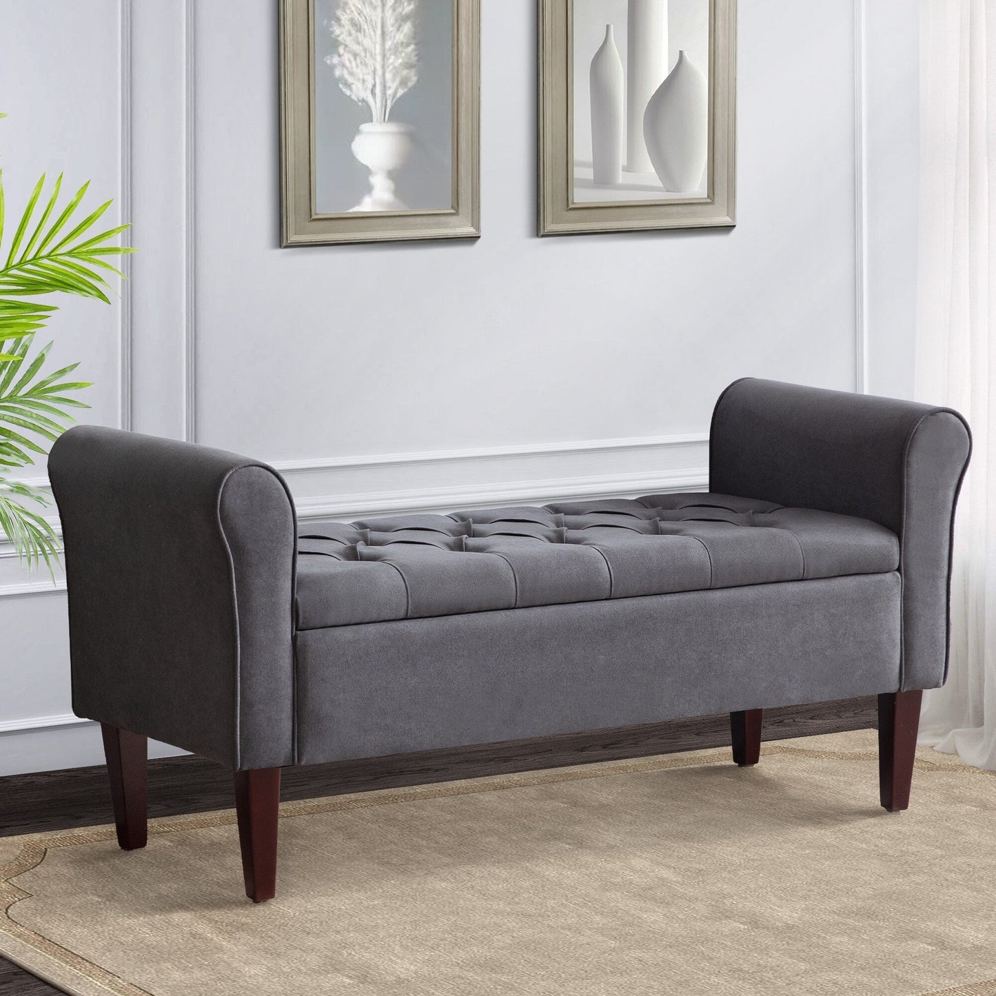 Upholstered Storage Bench Arm Bench Entryway Bench with Tufted Flip Top 50.4 Inches