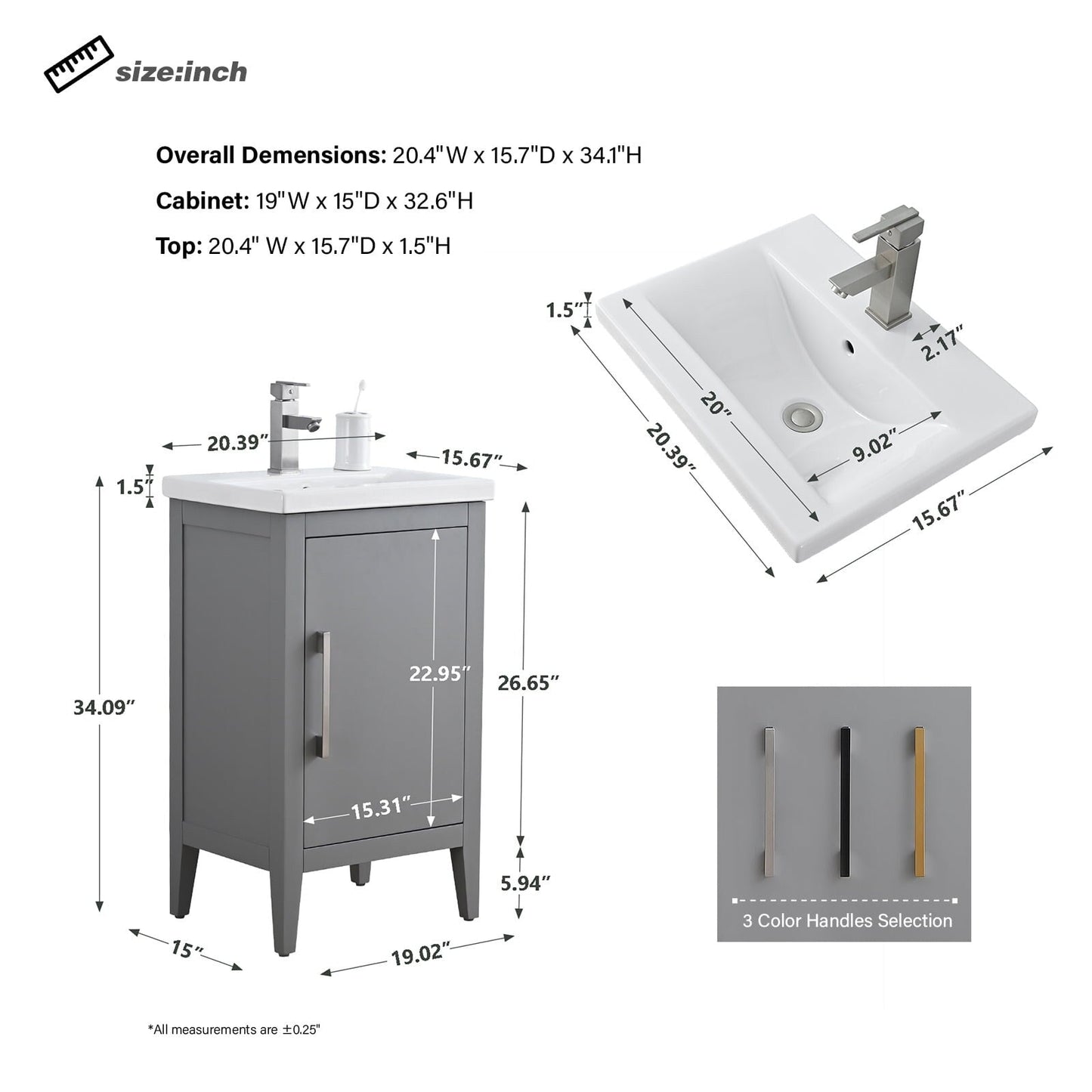 Vanity Art 20 or 24 or 30 Single Sink Bathroom Vanity Cabinet with Ceramic Top