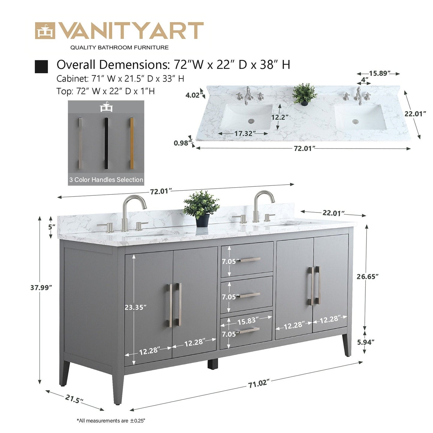 Vanity Art 72 Double Sink Bathroom Vanity Cabinet with Engineered Marble Top