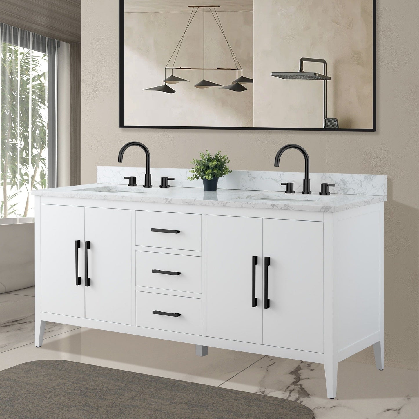 Vanity Art 72 Double Sink Bathroom Vanity Cabinet with Engineered Marble Top