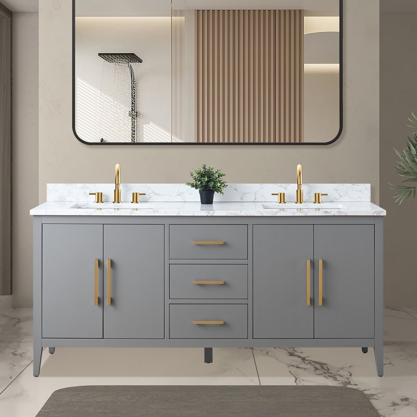 Vanity Art 72 Double Sink Bathroom Vanity Cabinet with Engineered Marble Top