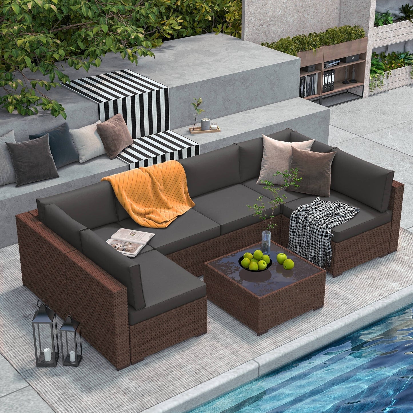 Wicker/ Steel 7-piece Outdoor Cushioned Sectional Sofa Set