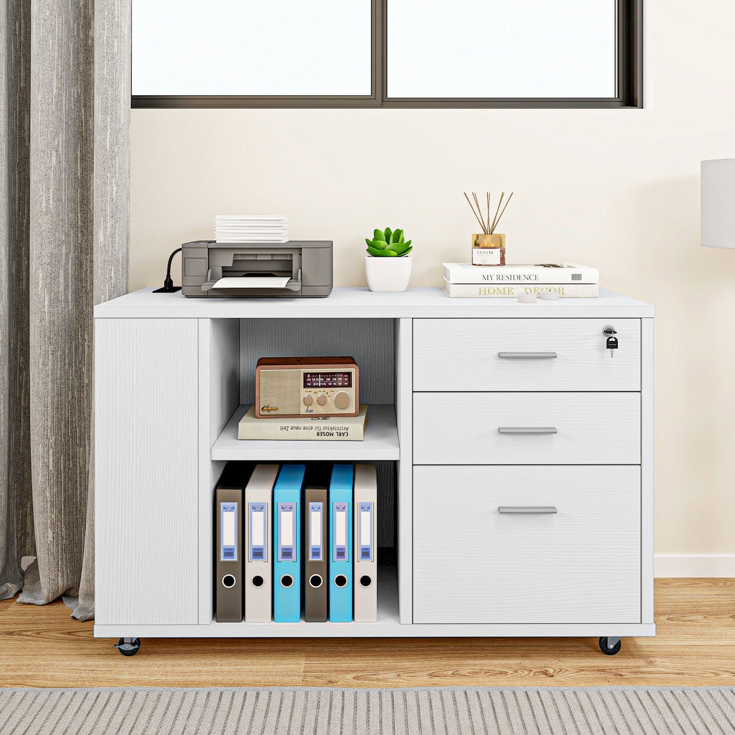 Wood File Cabinet with Charging Station Mobile Lateral Filing Cabinet Lockable Fits A4 Letter Legal Size Files