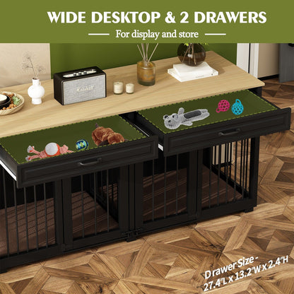 Wooden Double Dog Crate Kennel Furniture with 2 Drawers & Divider