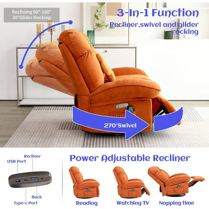 XINMICS Swivel Power Recliner Chair, Massage Rocker Recliners with Heated ,USB, USB-C and Side Pocket