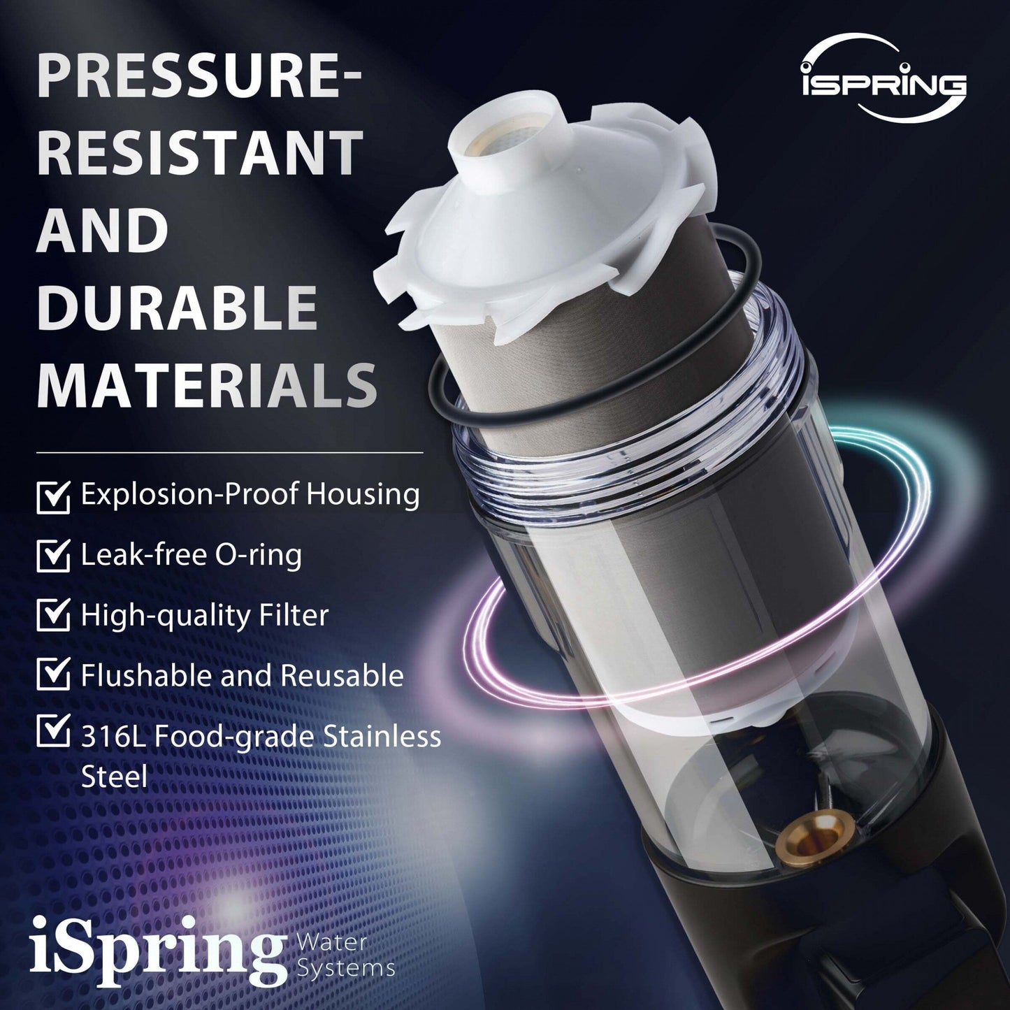 iSpring WSP100ARJ NSF Certified Spin-Down Sediment Water Filter, Jumbo Size, Reusable w/ Touch-Screen Flush Module, 100 Microns